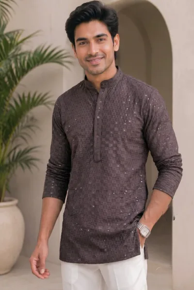 Stylish Chikan Work Fabric in  Full Sleeves Short kurta